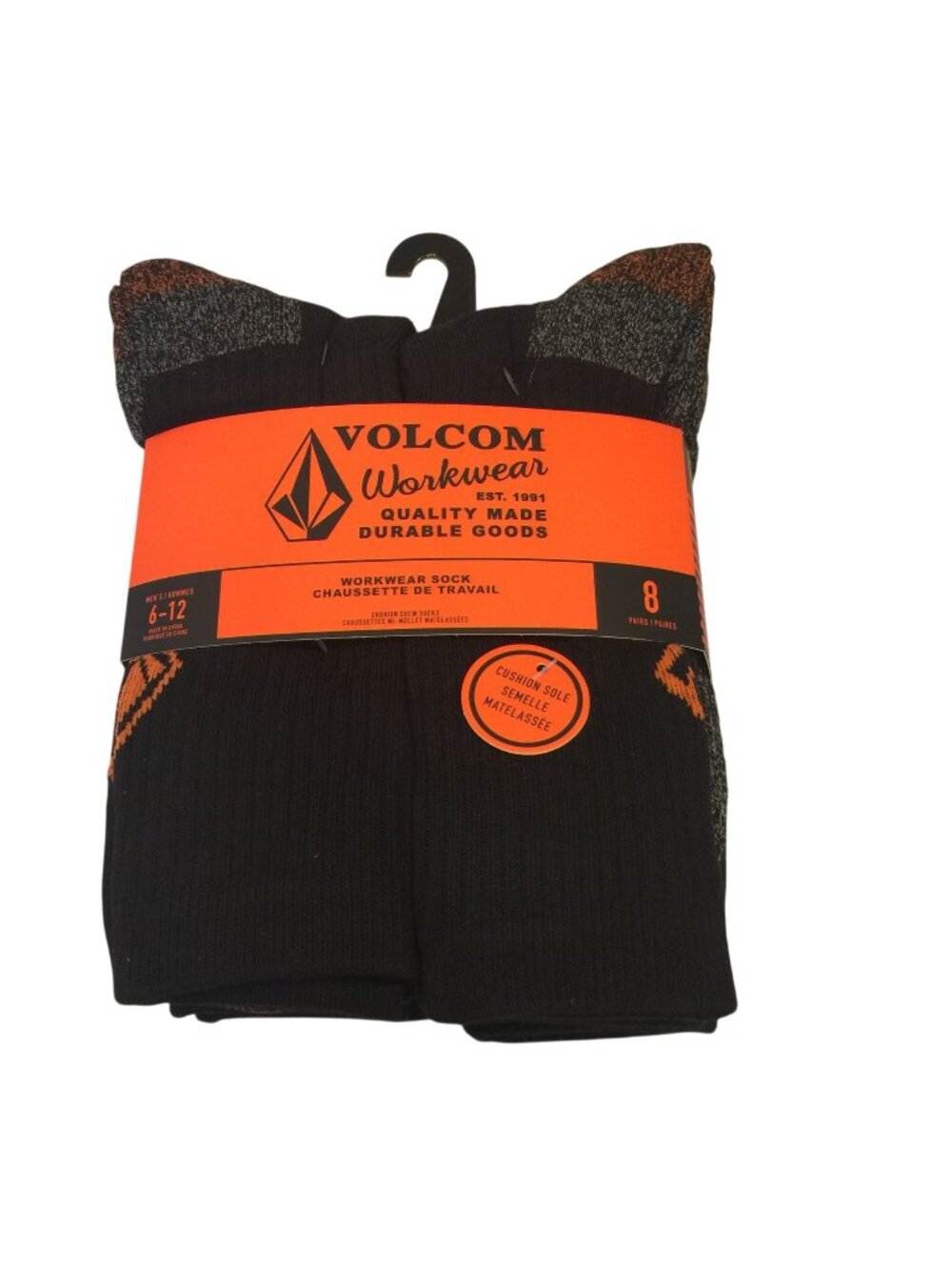 VOLCOM Men's Workwear Crew Socks Size 6-12 Black Gray Orange 8 Pairs